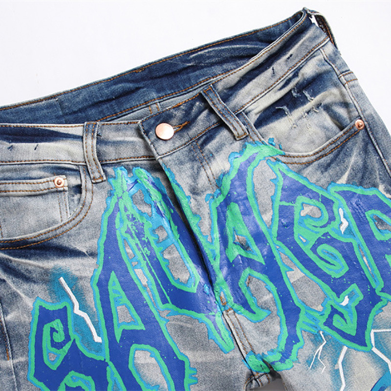 Men's Jeans Men Print Streetwear Letters Lightning Painted Stretch Denim Pants Vintage Blue Ripped Buttons Fly Slim Tapered Trousers 230810