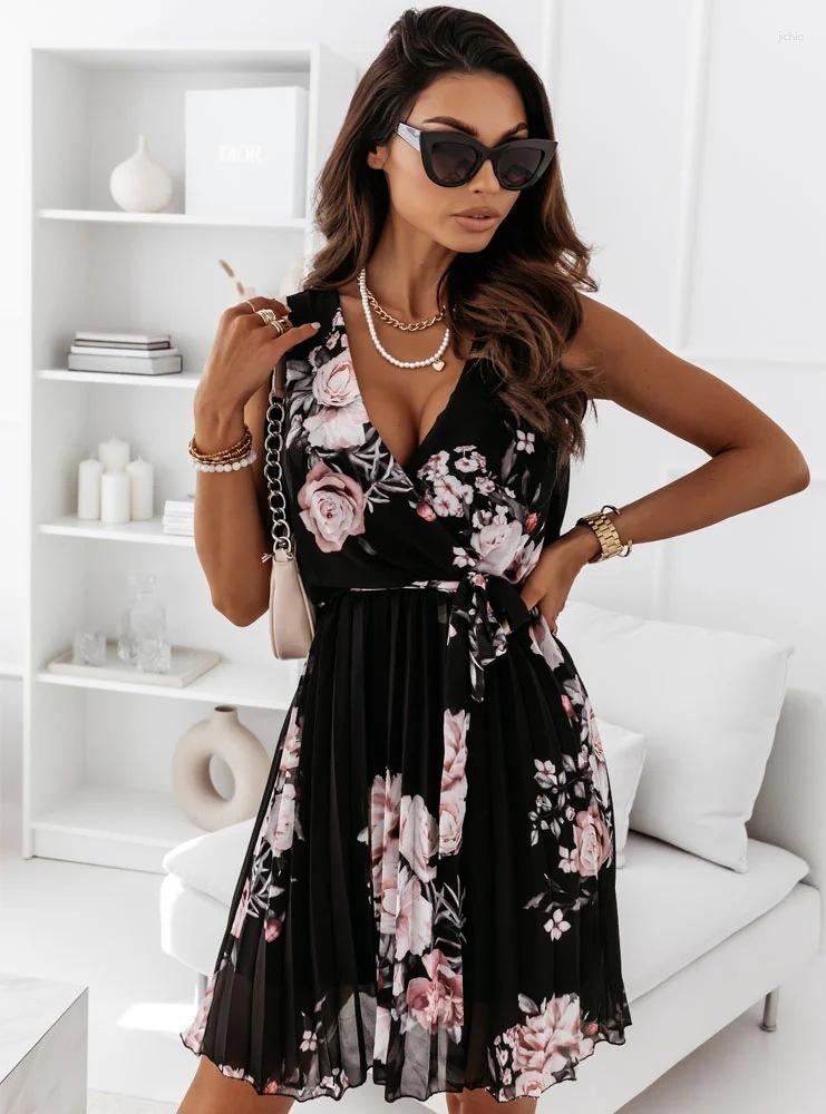 Casual Dresses Elegant Womens Summer Dress 2024 Lace-up Waist Sleeveless Floral Fashion Ladies Beach Mini Skirt