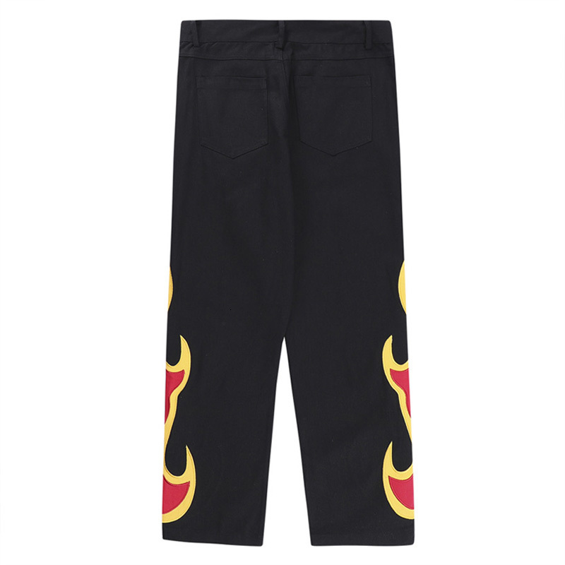 Men's Jeans Flame Patch Embroidered Men Hip Hop Baggy Straight Pants Couple Vintage Color Matching Street Wide leg Denim Trousers 230810