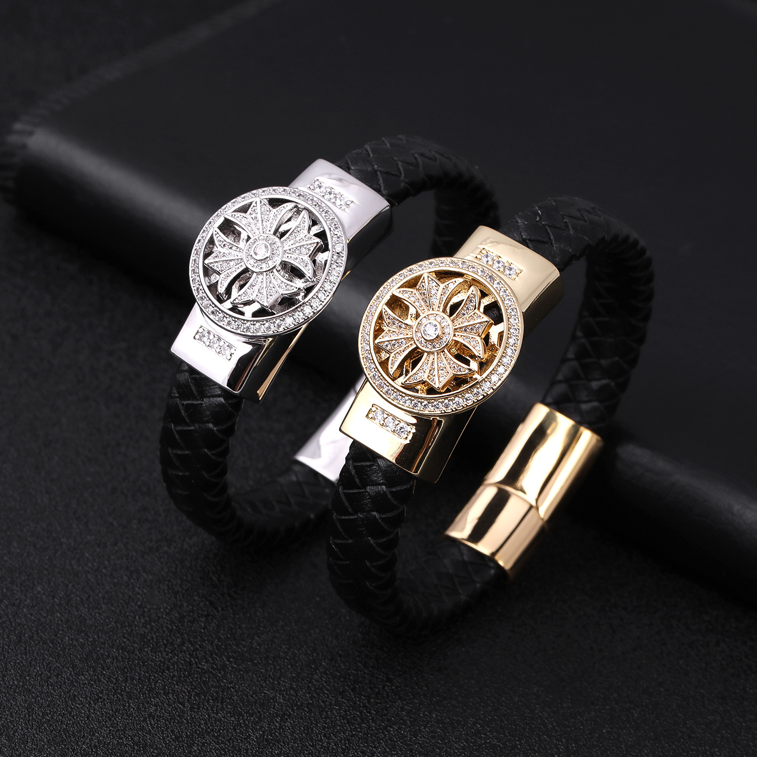 Cool Micro Pave Stainless Steel Cross Charm Bracelet Handmade Leather Bracelets Jewelry for Gift