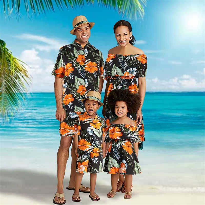 Family Matching Outfits Hawaii Family Matching Outfits Off-Shoulder Mother Daughter Dresses Flower Mommy and Me Clothes Father Son Shirts+Shorts R2308
