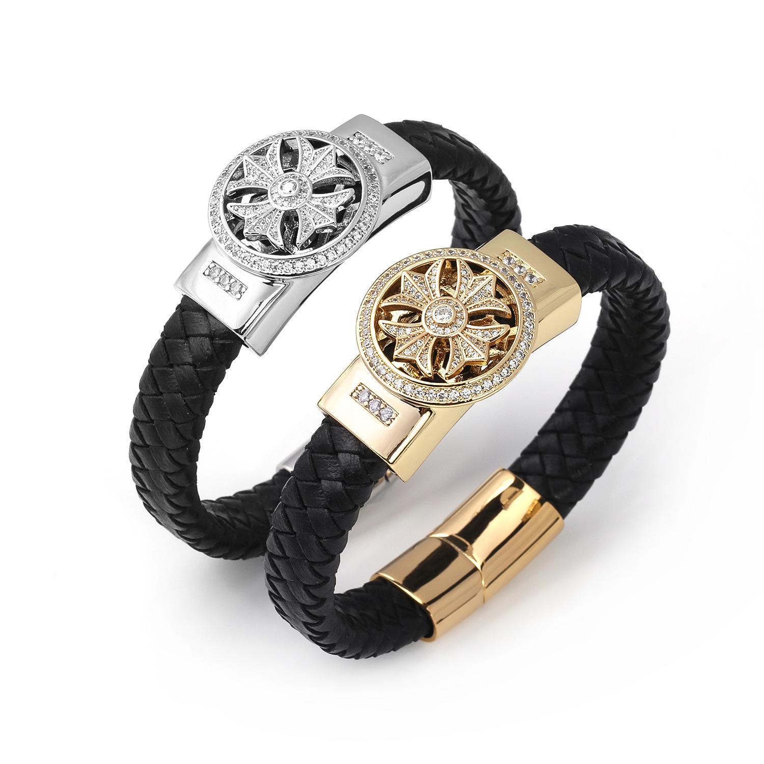 Cool Micro Pave Stainless Steel Cross Charm Bracelet Handmade Leather Bracelets Jewelry for Gift
