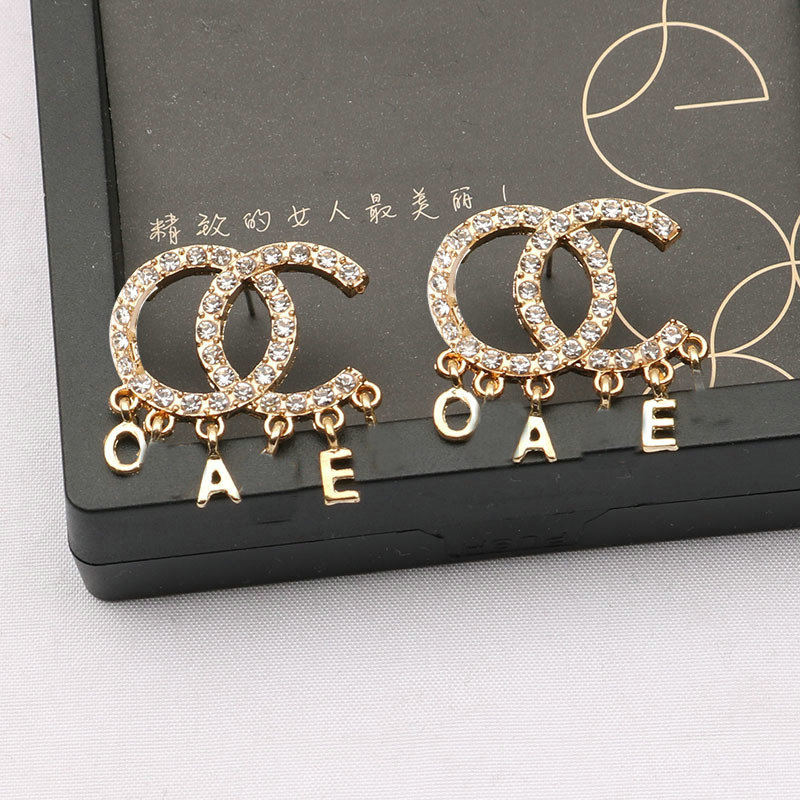 Tassel Designer Dangle Diamond Double Letters Stud Earrings Brand Women Earring Party Wedding Engagement Lovers Gift