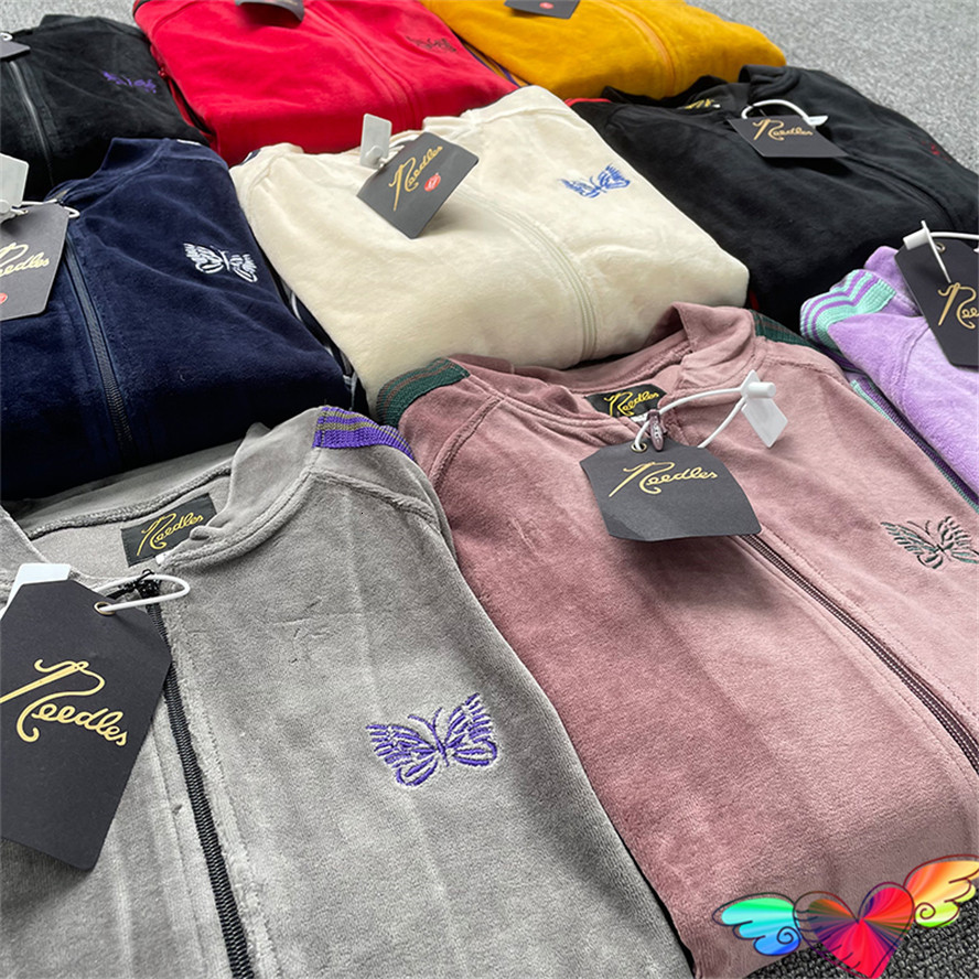 Men's Jackets Multicolor Stripe Needles Jacket Men Women Velvet 1 Track Zipper Embroidered Butterfly Coats 230810