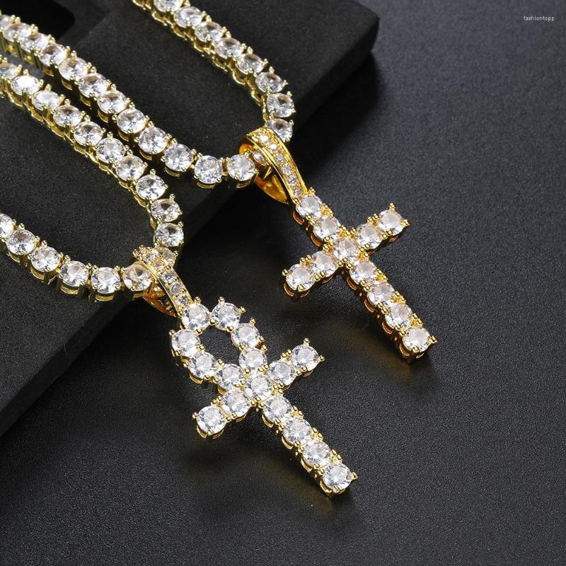 Pendant Necklaces Hip Hop Iced Out Tennis Cross Necklace For Men Steampunk Gold Plated CZ Chain On Neck Design Jewelry S-OHP003