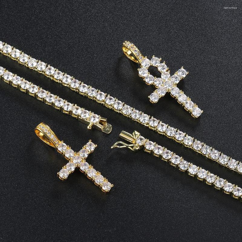 Pendant Necklaces Hip Hop Iced Out Tennis Cross Necklace For Men Steampunk Gold Plated CZ Chain On Neck Design Jewelry S-OHP003