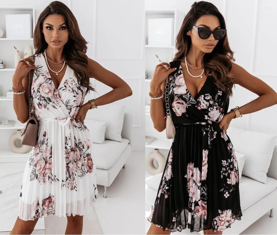 Casual Dresses Elegant Womens Summer Dress 2024 Lace-up Waist Sleeveless Floral Fashion Ladies Beach Mini Skirt