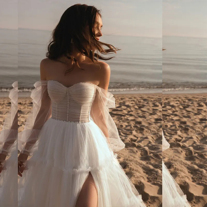 Bohemian Split Beach Wedding Dress Beaded Off The Shoulder Long Sleeve Bridal Gowns Boho Vestidos de Novia
