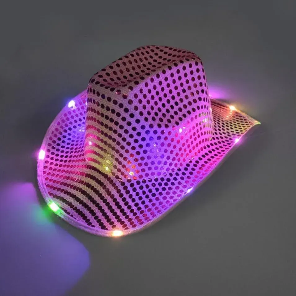 Party Space Cowgirl LED Hat Flashing Light Up Sequin Cowboy Hats Luminous Caps Halloween Costume NEW