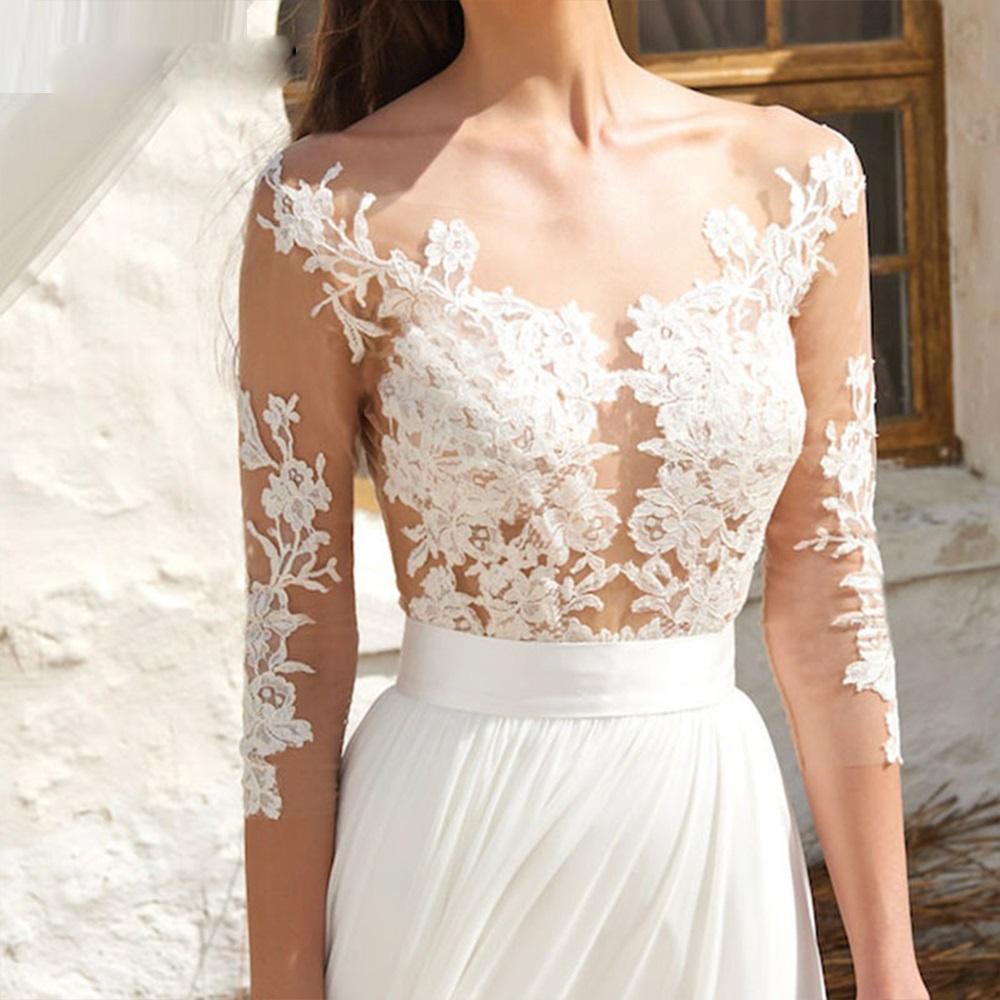 Bohemian Chiffon A Line Wedding Dress For Women 2023 Lace Appliques Illusion Backless Bridal Gowns Sweep Train Vestido De Noiva
