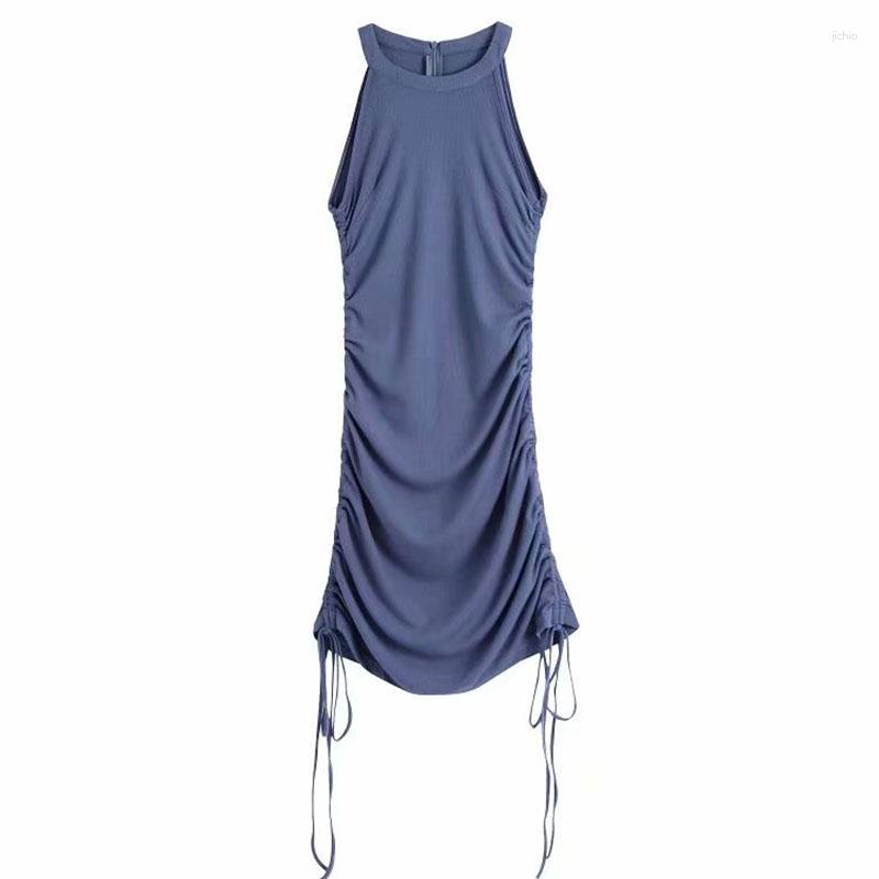 Casual Dresses YVYVLOLO Ribbed Mini Dress Women Off Shoulder Sexy Party O Neck Drawstring Knit Club Tank Bodycon Short Womens Summer