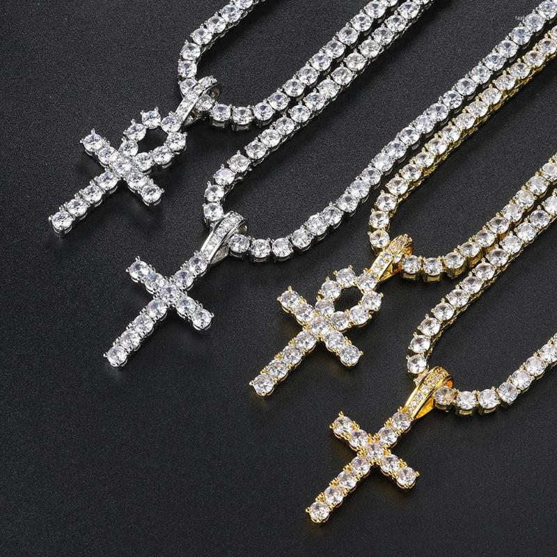 Pendant Necklaces Hip Hop Iced Out Tennis Cross Necklace For Men Steampunk Gold Plated CZ Chain On Neck Design Jewelry S-OHP003
