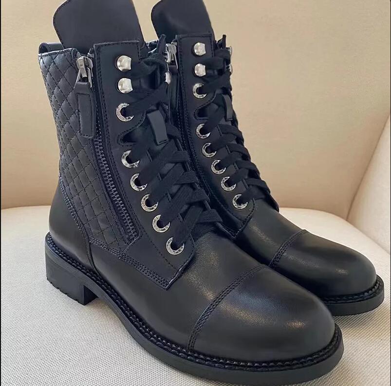 Rhombic lattice Black Ankle Boots Biker chunky flats combat Boots low heel lace-up booties leather Side zipper women luxury designers Fashion Knight boots
