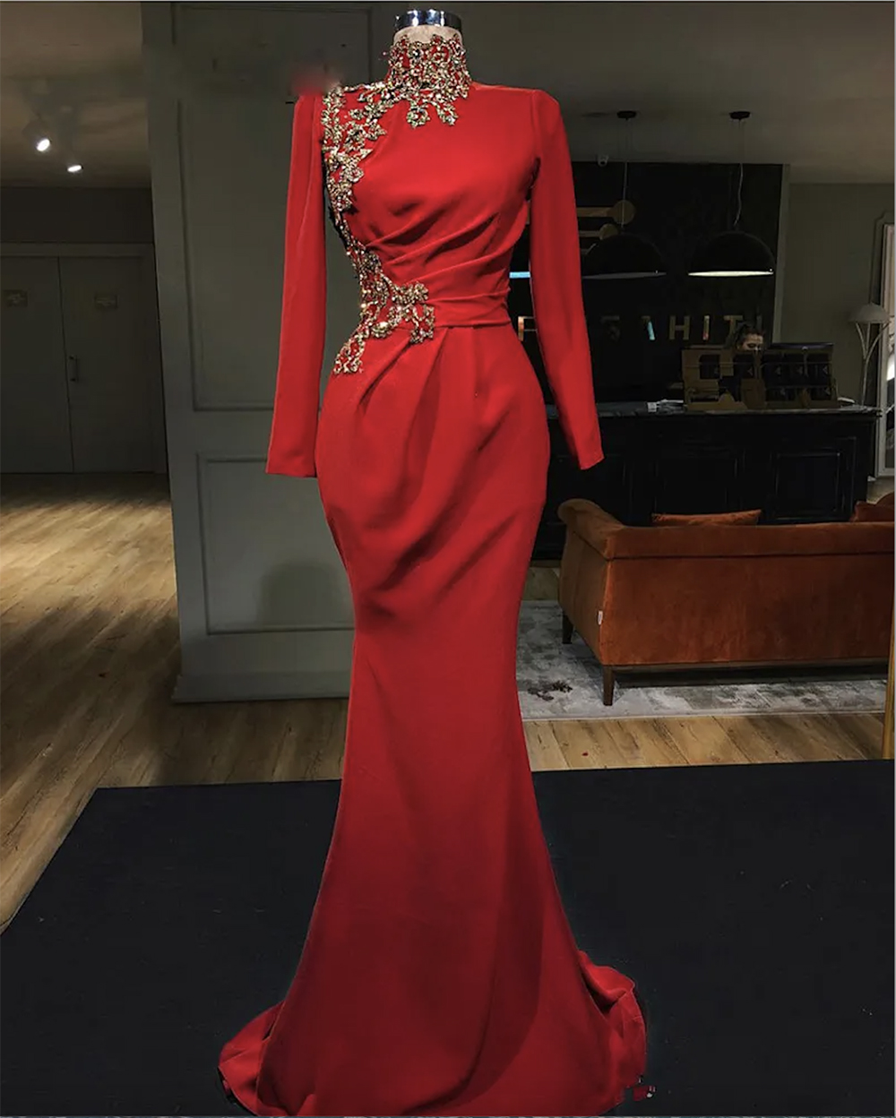 Red Mermaid Gold Lace Evening Dresses High Neck Long Sleeves Prom Gowns or Length Satin Plus Size Formal Party Dress