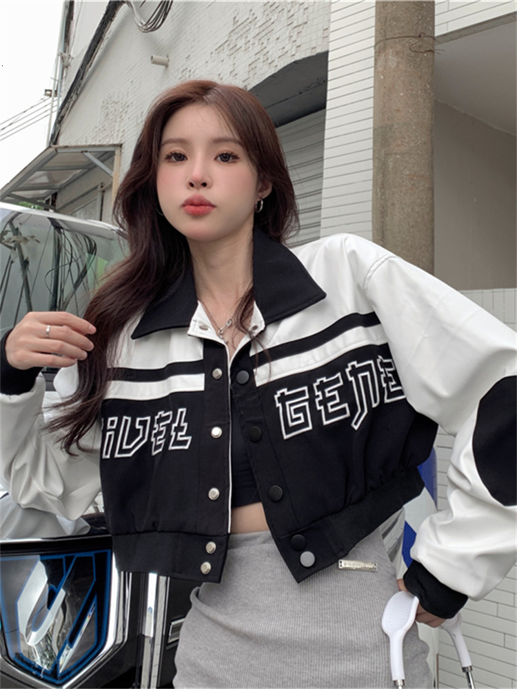 Womens Jackets QWEEK Y2K Vintage PU Leather Varsity Jacket Women Korean Style Embroidery Cropped Baseball Uniform Oversized Patchwork Kpop 230810