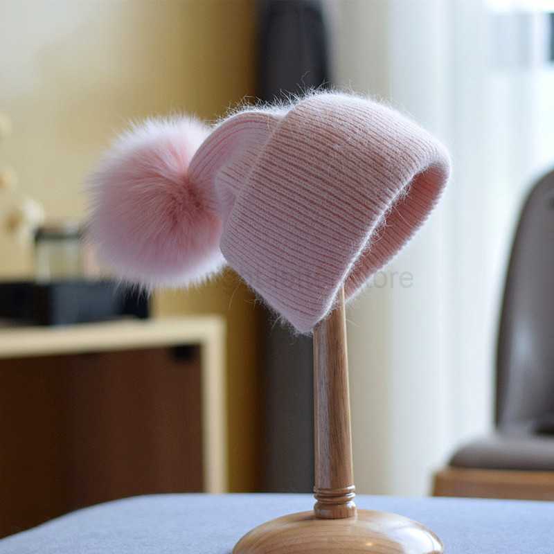 Beanie/Skull Caps Winter Real FOX Fur Pom Knitted Beanies For Women Fashion Mink Warm pompoms Natural Beanies Female Three Fold Thick Hats