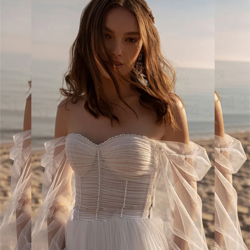 Bohemian Split Beach Wedding Dress Beaded Off The Shoulder Long Sleeve Bridal Gowns Boho Vestidos de Novia