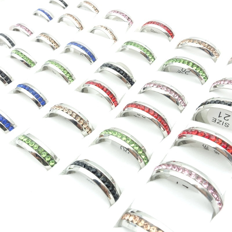 Solitaire Ring MIXMAX 50PCs/Lot Mens Womens Stainless Steel Rings One Row Shining Fashion Jewelry Beautiful Party Gift Wedding Bands 230810