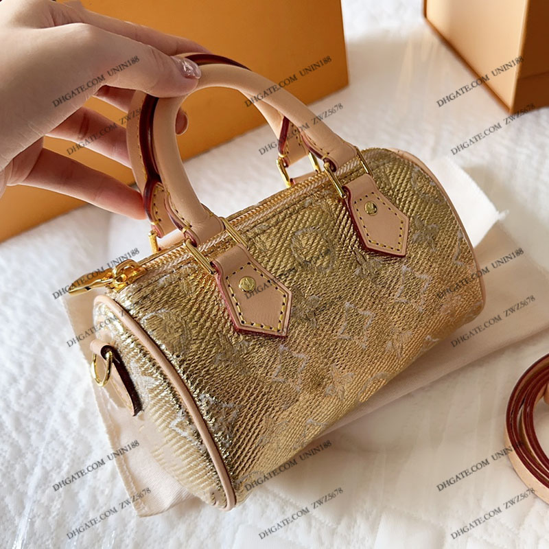 23SS Womens Luxurys Designers Totes Bag Speedy Nano Metallochrome Embroidery Leather Handbags Flowers Pillow Shouder Crossbody Women Handbag Pouch Purse 17CM