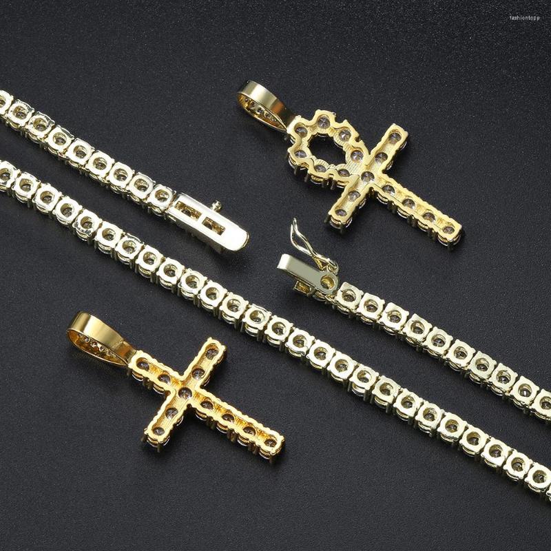Pendant Necklaces Hip Hop Iced Out Tennis Cross Necklace For Men Steampunk Gold Plated CZ Chain On Neck Design Jewelry S-OHP003
