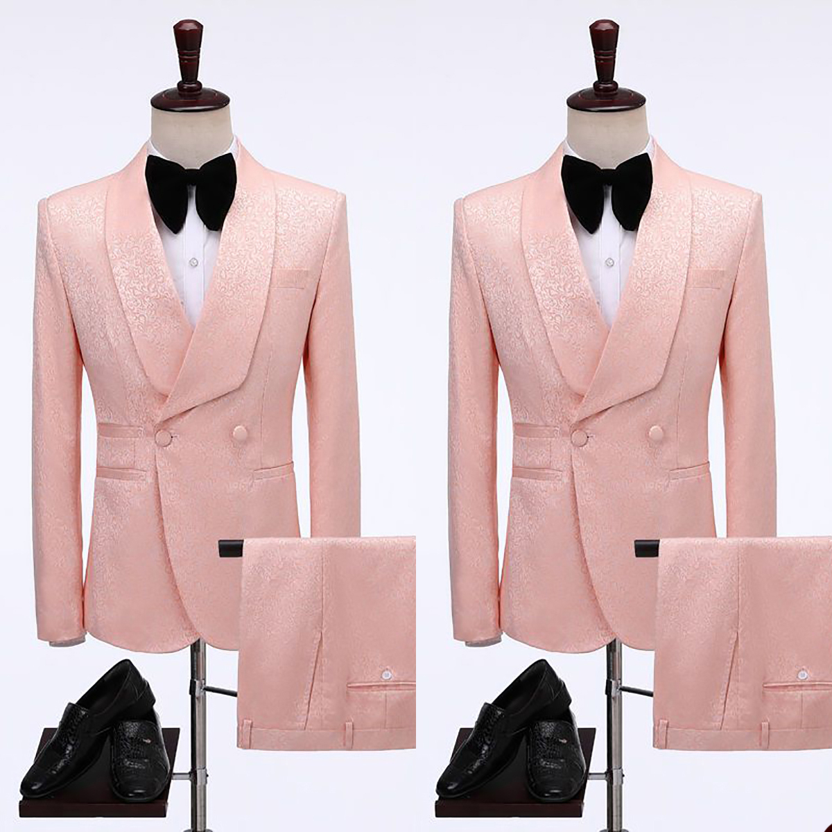 Pink Pattern Men Wedding Tuxedos Custom Made Shawl Lapel Groom Wear Slim Fit Jacket Suits Prom Party Pants Coat 2 Pieces