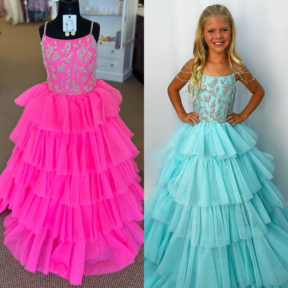 Hot Pink Ballgown Girl Pageant Dress 2025 Crystals Beading Straps Ruffles Tulle Little Kid Birthday Formal Party Gown Infant Toddler Teens Tiny Young 