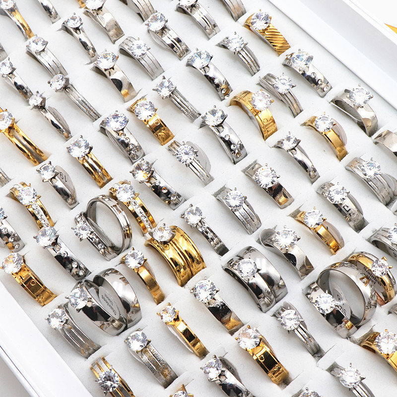 Solitaire Ring Wholesale 50Pcs/lot Mix Style Zircon Stainless Steel Rings Wedding Ring Women Mens Ring 230810
