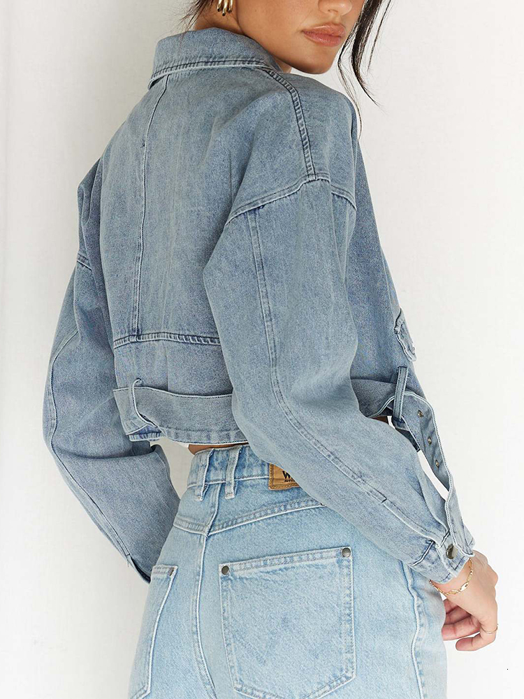 Womens Jackets Fitaylor Spring Autumn Women Vintage Loose Short Denim Jacket with Belt Lady Streetwear Lapel Zipper Moto Biker Jean Coat 230810
