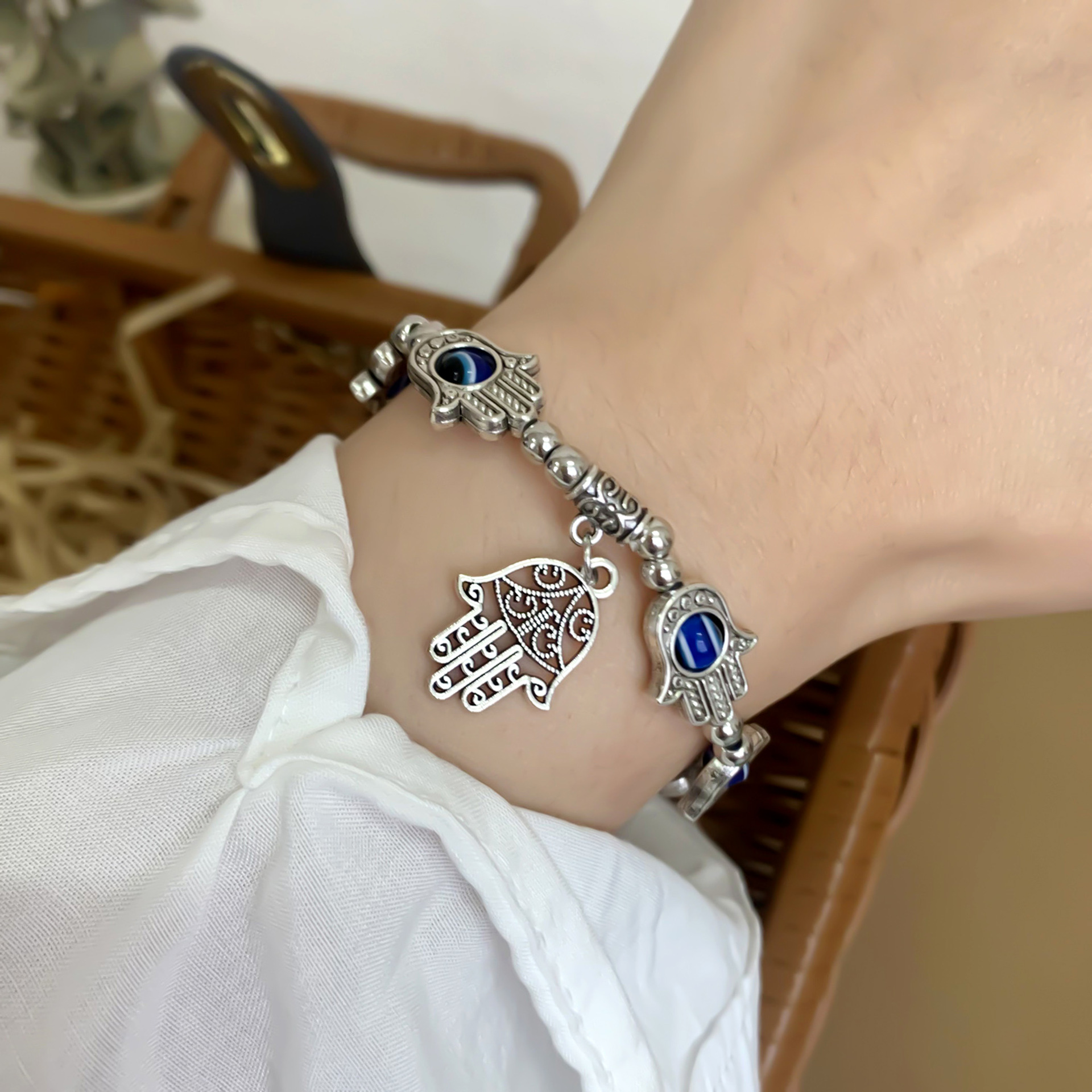 Antique Silver Fatima Hand Evil Eye Charm Bracelet Stretch Bracelets Jewelry