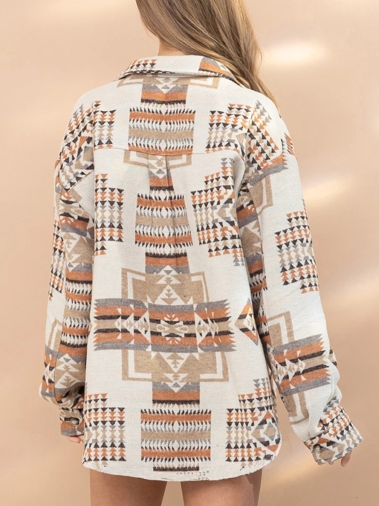 Womens Jackets Vintage Women Aztec Printed Jacket Long Sleeved Splicing Loose Wool Coat Winter Female Causal Pockets Button Shirt Tops 230810