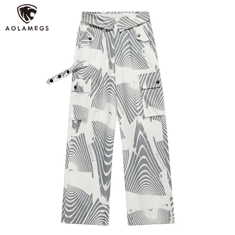 Mens Pants Hip Hop Irregular Striped Graffiti Print Cargo for Men Turn Down Waist Straight Oversized Trousers with Patch Pocket Y2K 230810