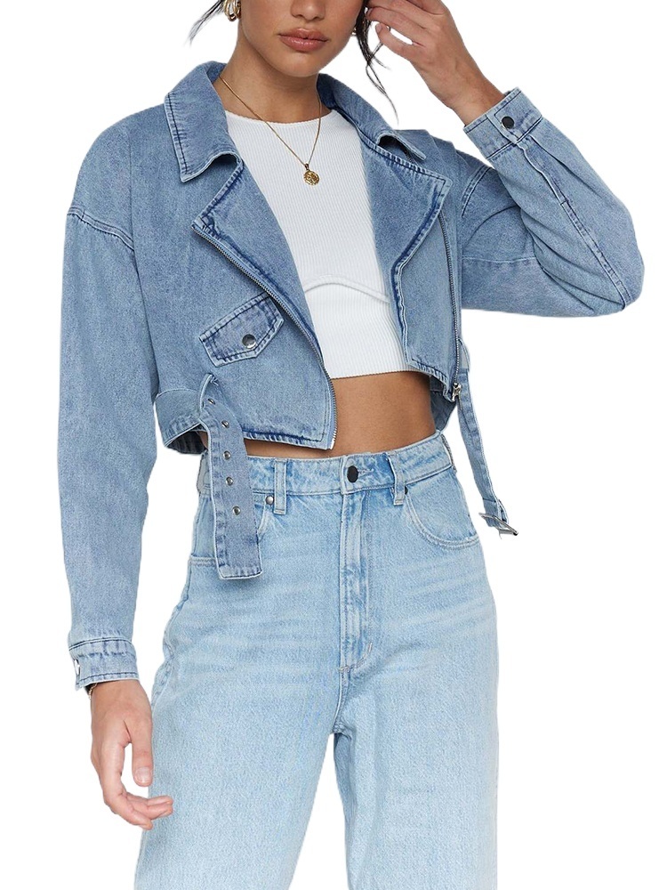 Womens Jackets Fitaylor Spring Autumn Women Vintage Loose Short Denim Jacket with Belt Lady Streetwear Lapel Zipper Moto Biker Jean Coat 230810