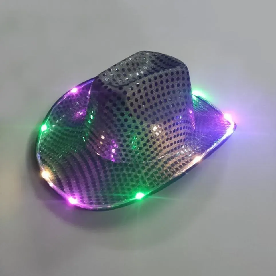Party Space Cowgirl LED Hat Flashing Light Up Sequin Cowboy Hats Luminous Caps Halloween Costume NEW
