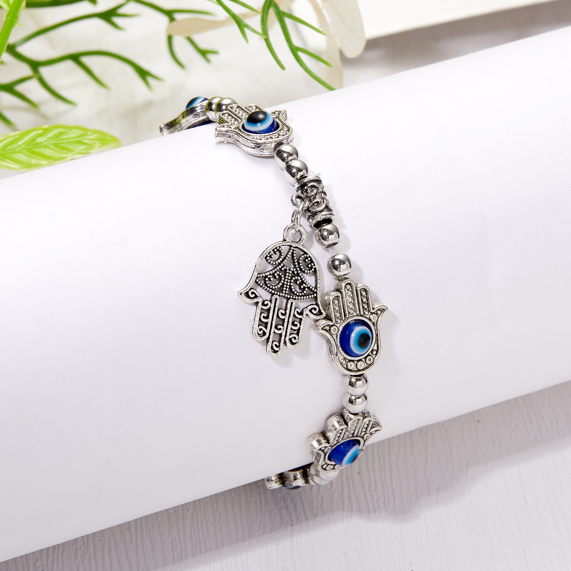 Antique Silver Fatima Hand Evil Eye Charm Bracelet Stretch Bracelets Jewelry