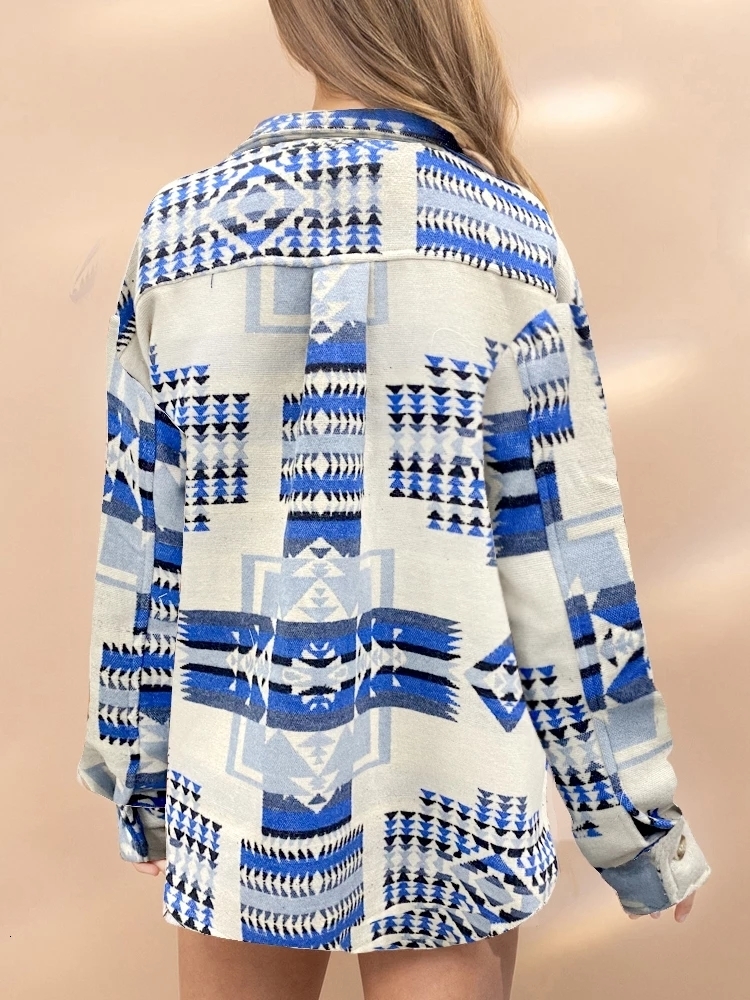 Womens Jackets Vintage Women Aztec Printed Jacket Long Sleeved Splicing Loose Wool Coat Winter Female Causal Pockets Button Shirt Tops 230810