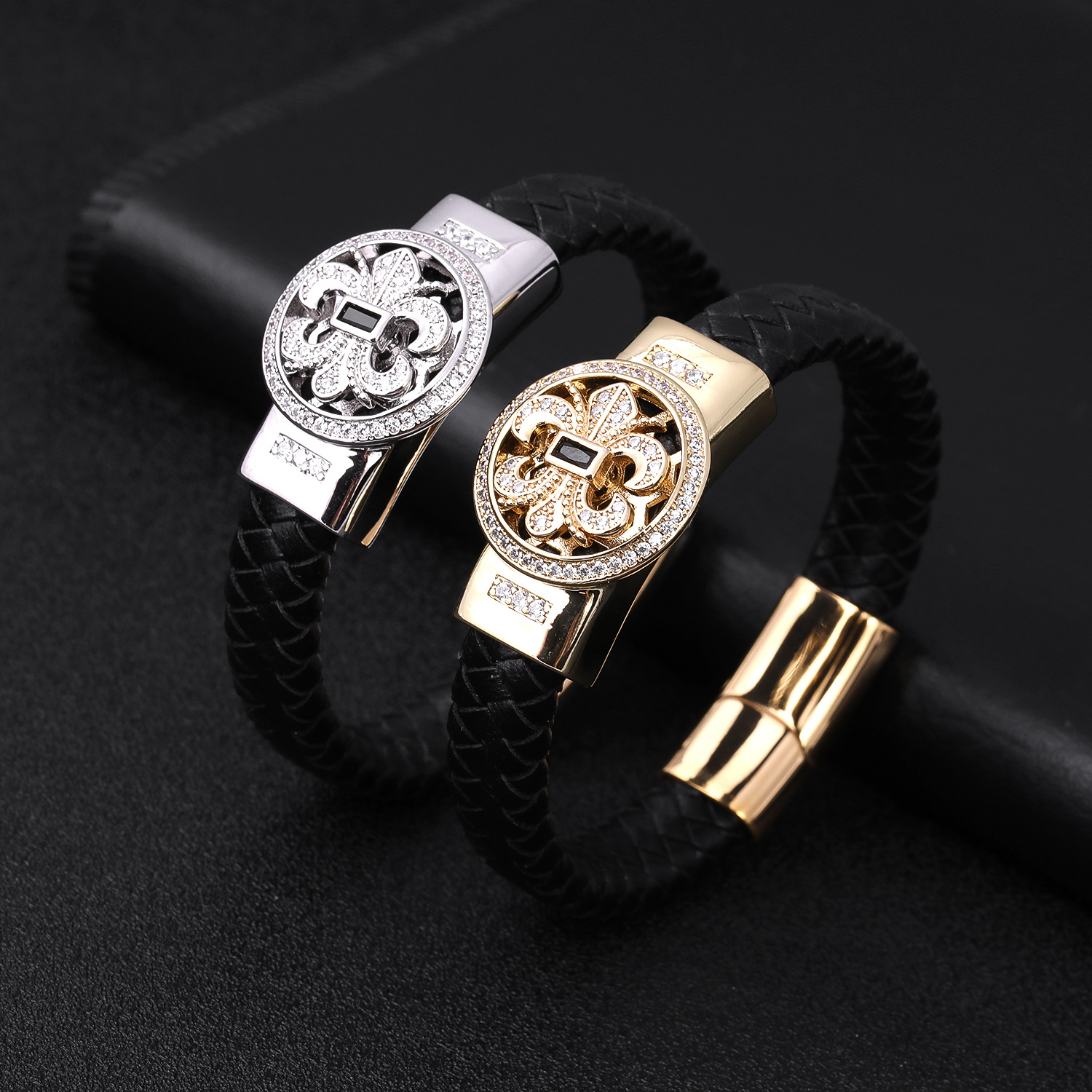 Good Lucky Men Style Micro Pave Charm Bracelet Classic Handmade Leather Bracelets for Gift