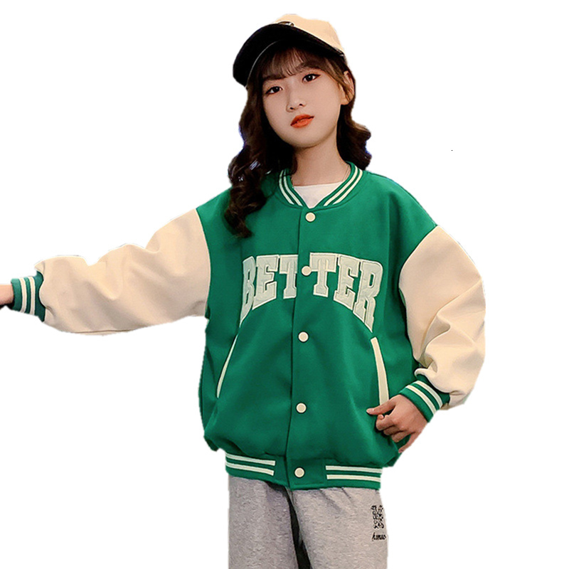 Jackets Spring Autumn Green Baseball Jacket Big Kids Teens Casual Clothes For Teenage Girls Sports Outerwear Coat Age 4 5 7 9 11 13 Year 230811