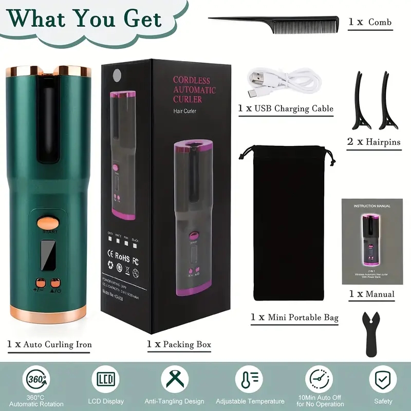 USB Rechargeable Auto Ceramic Curling Iron - LED Display, Automatic Rotating Hair Styling Waver for Smooth and Shiny Hair