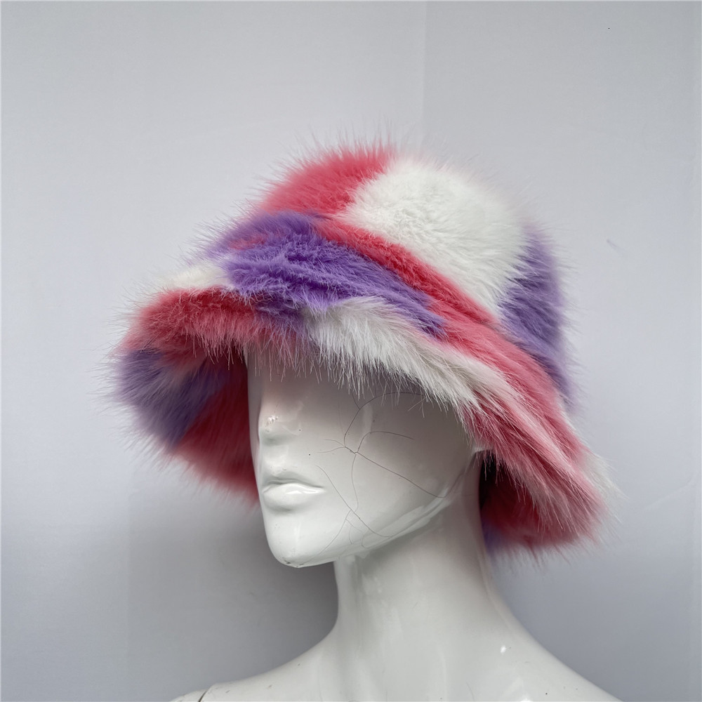 Wide Brim Hats Bucket Hats Fashion Autumn Winter Women Faux Fur Bucket Hat Rabbit Solid Thickened Soft Warm Man Fishing Cap Outdoor Vacation Girl Hat 