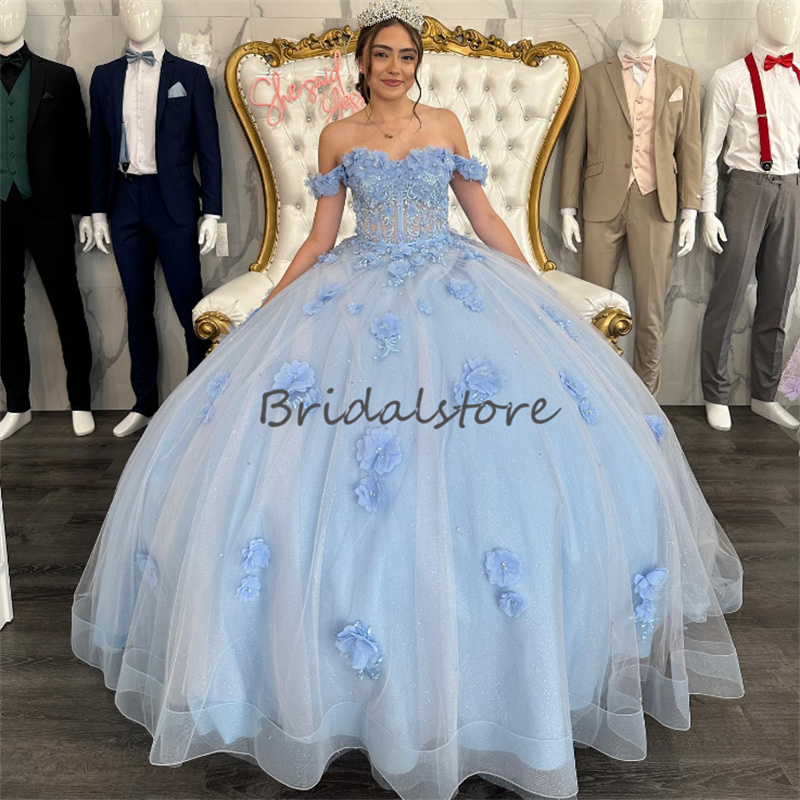 Cinderella Blue Quinceanera Dresses 2023 Luxury 3D Florals Beaded Para Xv Princess Birthday Party Dress Elegant Beaded Prom Debutante Vestidos 15 anos