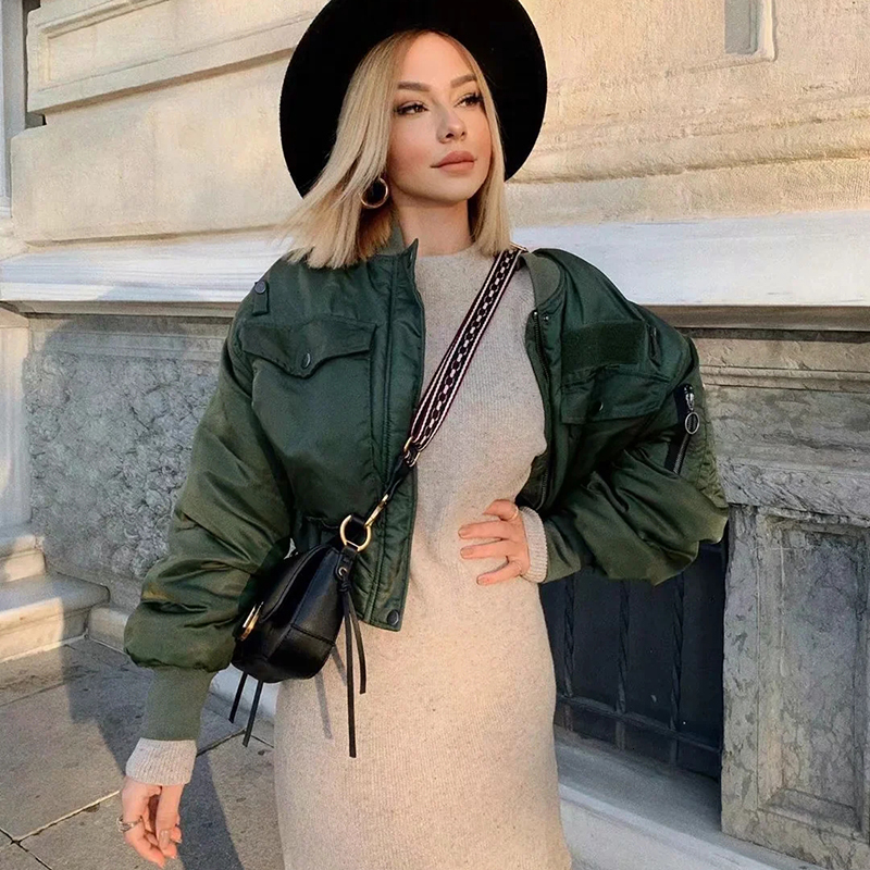 Women's Jackets stylish lady autumn winter merodi green short jacket fashion long sleeve zipper bomber outwear women's coat 230811