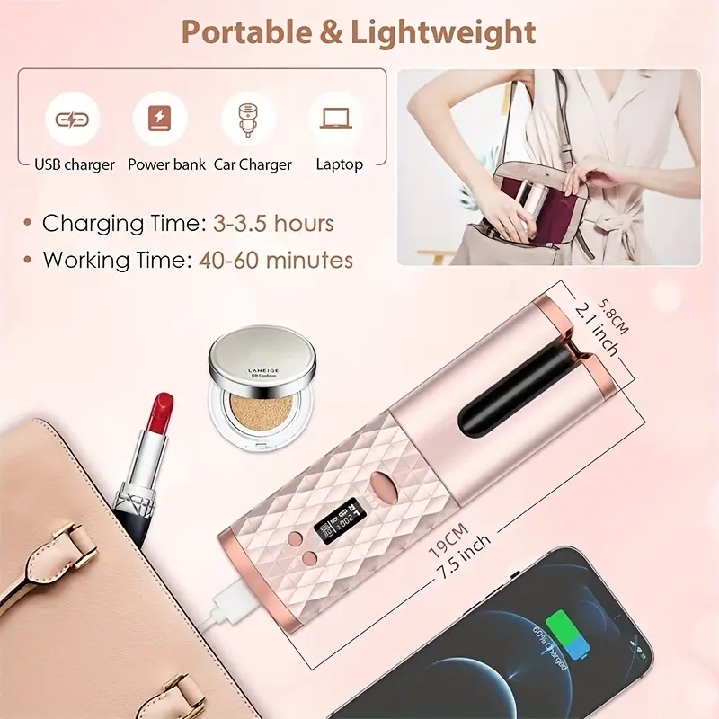 Cordless Automatic Curler: 6 Temperature Settings, Timer, Portable & Rechargeable, Fast Heating & Automatic Shutoff