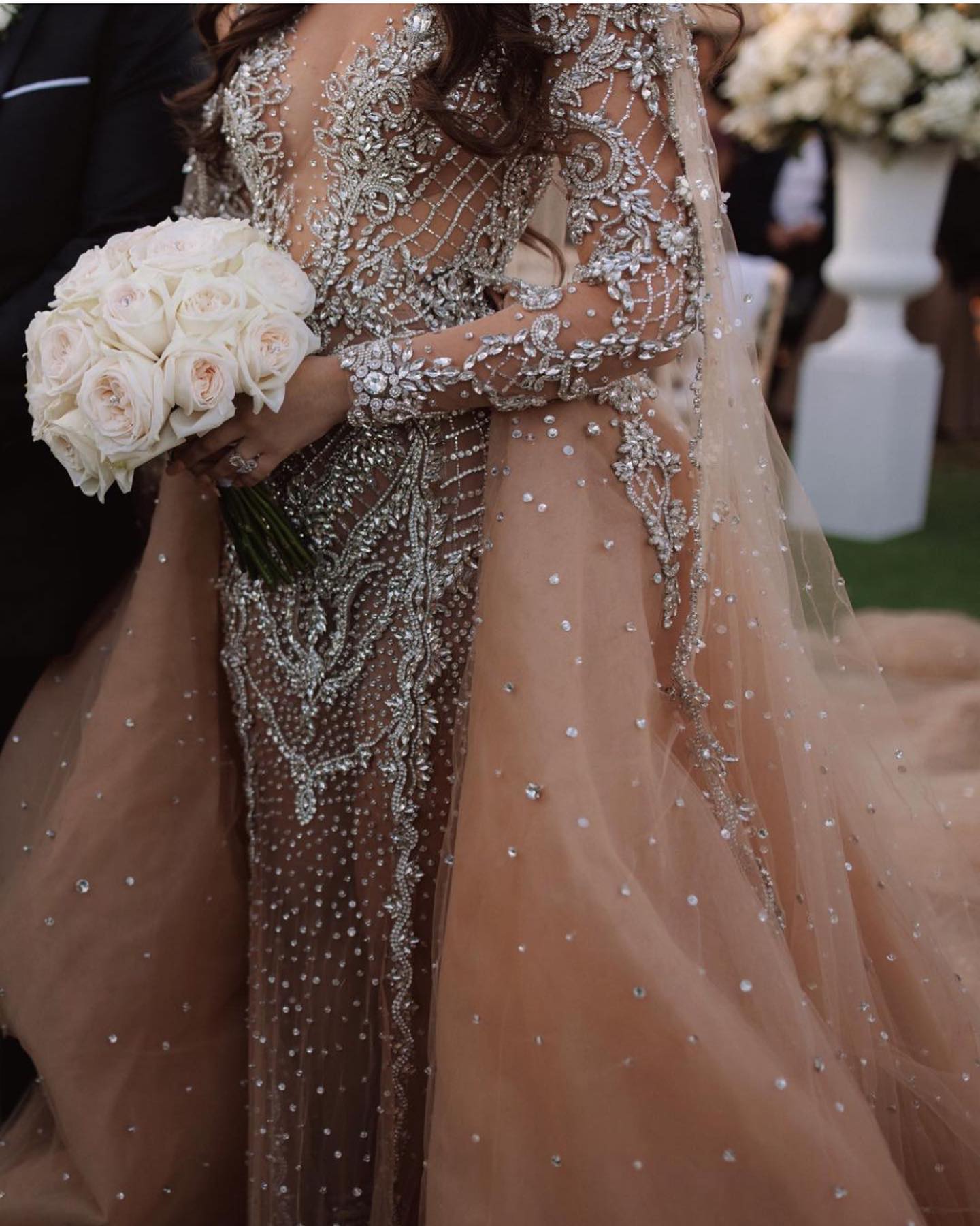 Champagne Mermaid Dresses Overskirt Illusion V Neck Long Sleeves Crystal Wedding Dress Sweep Train Robe De Mariee Bridal Gowns With Veil
