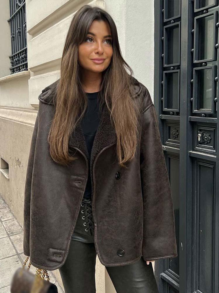 Women's Jackets Cotvotee leather jacket women Winter Lamb Wool Jacket Vintage Turn Down Collar Single Breasted Loose Streetwear 230812