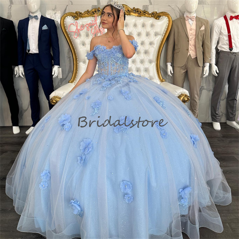 Cinderella Blue Quinceanera Dresses 2023 Luxury 3D Florals Beaded Para Xv Princess Birthday Party Dress Elegant Beaded Prom Debutante Vestidos 15 anos