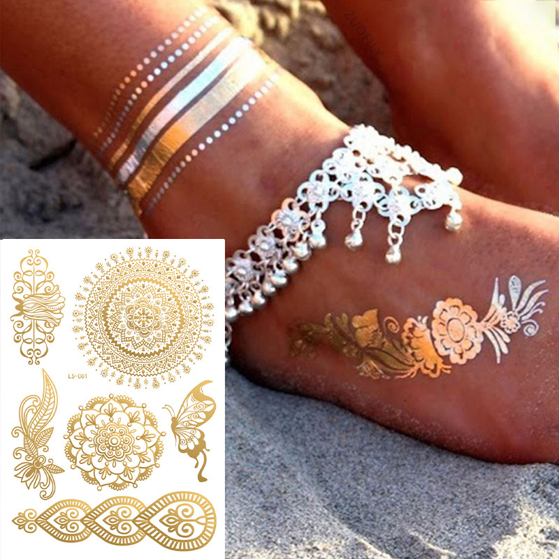 Temporary Tattoos Waterproof Tattoo Sticker Flowers Mandala Henna Rose Gold Metallic Flash Tatoo Boho Lotus Jewelry Glitter Body Art 230812