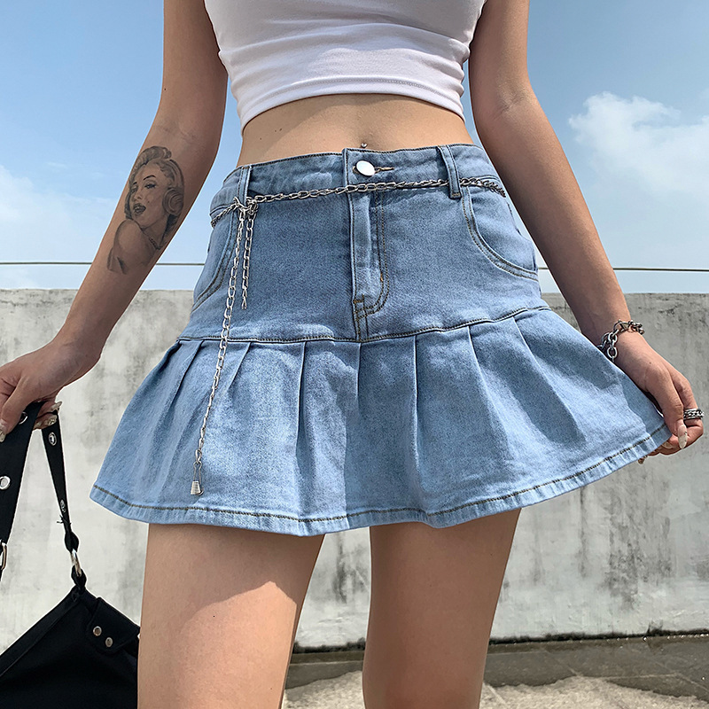 Skirts y2k Pink Denim Pleated Skirts Mini Solid Casual Woman Fashion Korean Style High Waist Skirt with Lined Club Party Girls 230811
