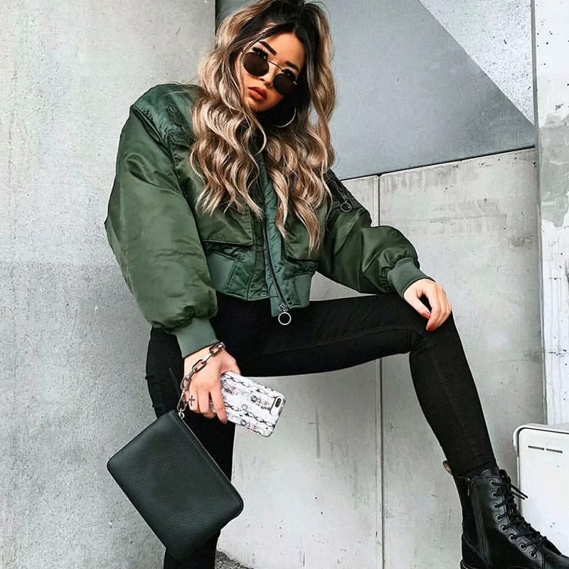 Women's Jackets stylish lady autumn winter merodi green short jacket fashion long sleeve zipper bomber outwear women's coat 230811