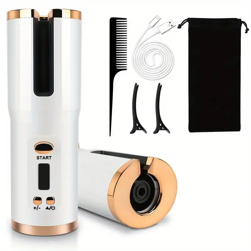 USB Rechargeable Auto Ceramic Curling Iron - LED Display, Automatic Rotating Hair Styling Waver for Smooth and Shiny Hair