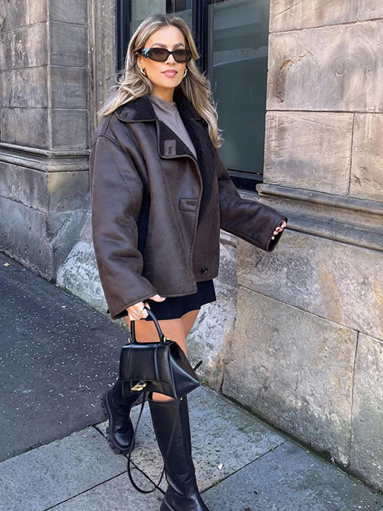 Women's Jackets Cotvotee leather jacket women Winter Lamb Wool Jacket Vintage Turn Down Collar Single Breasted Loose Streetwear 230812
